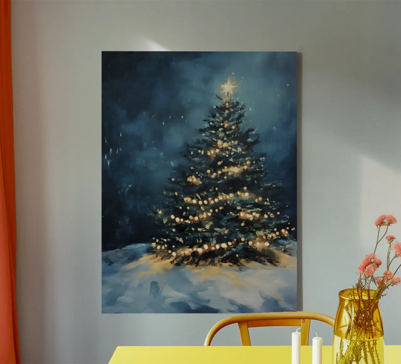 Gloeiende kerstboom in de sneeuw met een fonkelende ster canvas met Baklijst van Studio Vibe