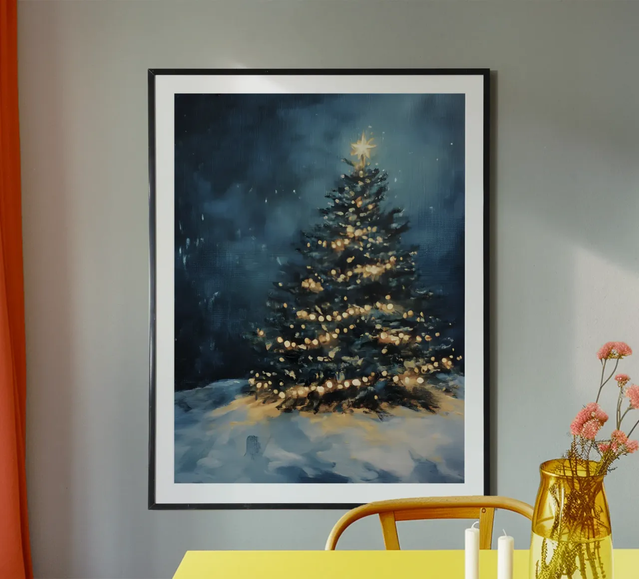Albero di Natale luminoso nella neve con una stella scintillante poster da Studio Vibe