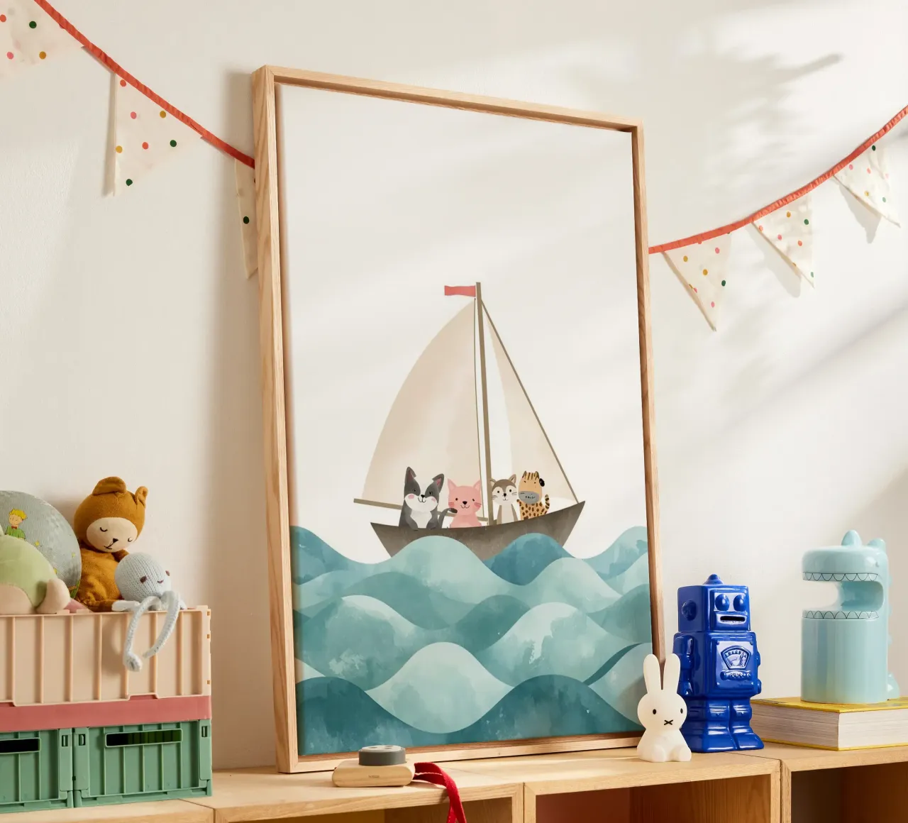 Cute Nursery Cartoon Animales navegando en barco lienzo con Marco flotante de DesignDoodle