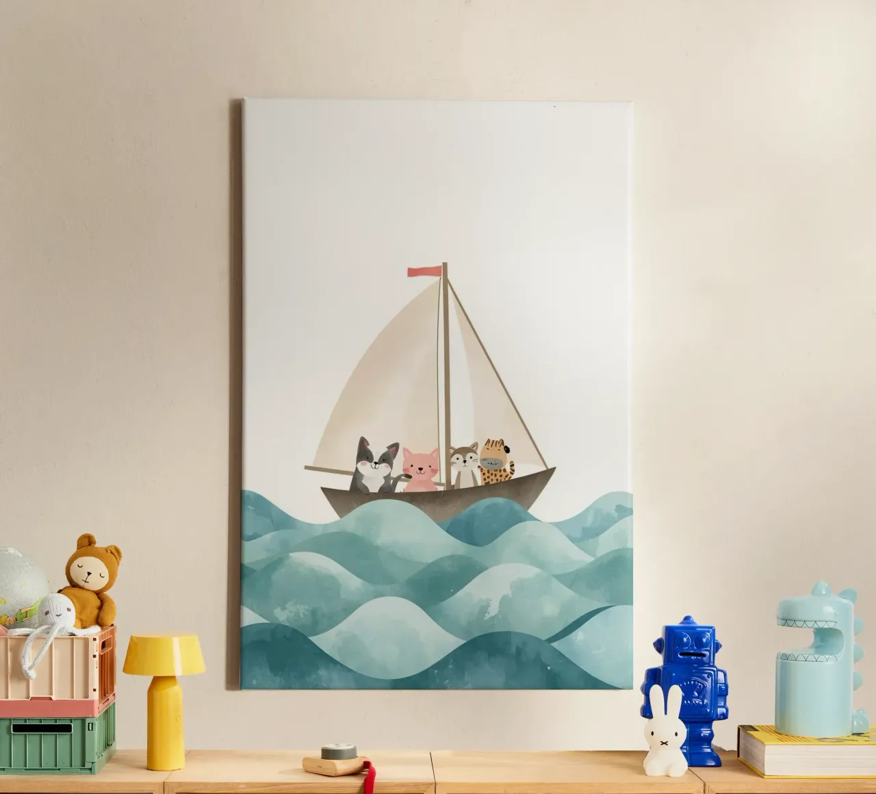 Cute Nursery Cartoon Animales navegando en barco lienzo con Marco flotante de DesignDoodle