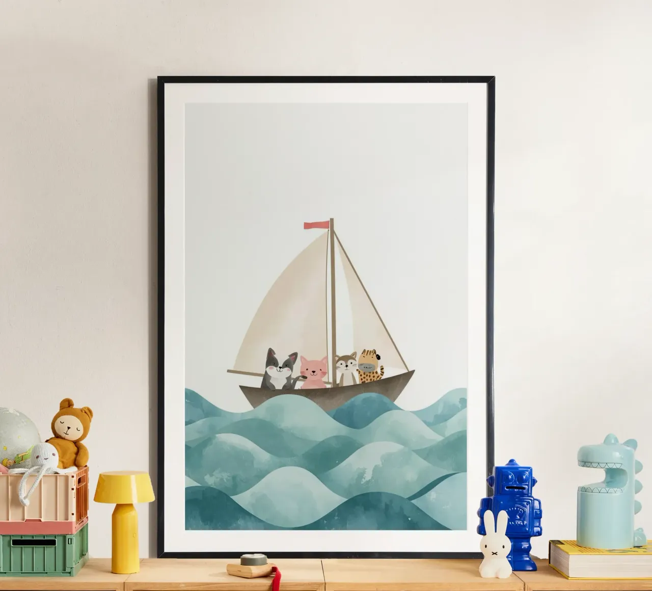 Cute Nursery Cartoon Animals Sailing on Boat poster con telaio in plastica da DesignDoodle