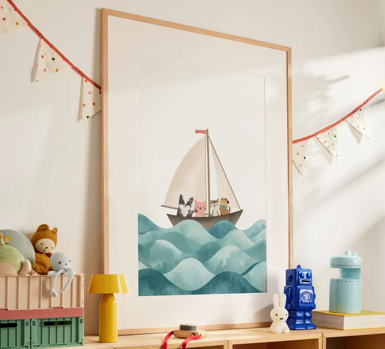 Cute Nursery Cartoon Animals Sailing on Boat poster con telaio in plastica da DesignDoodle