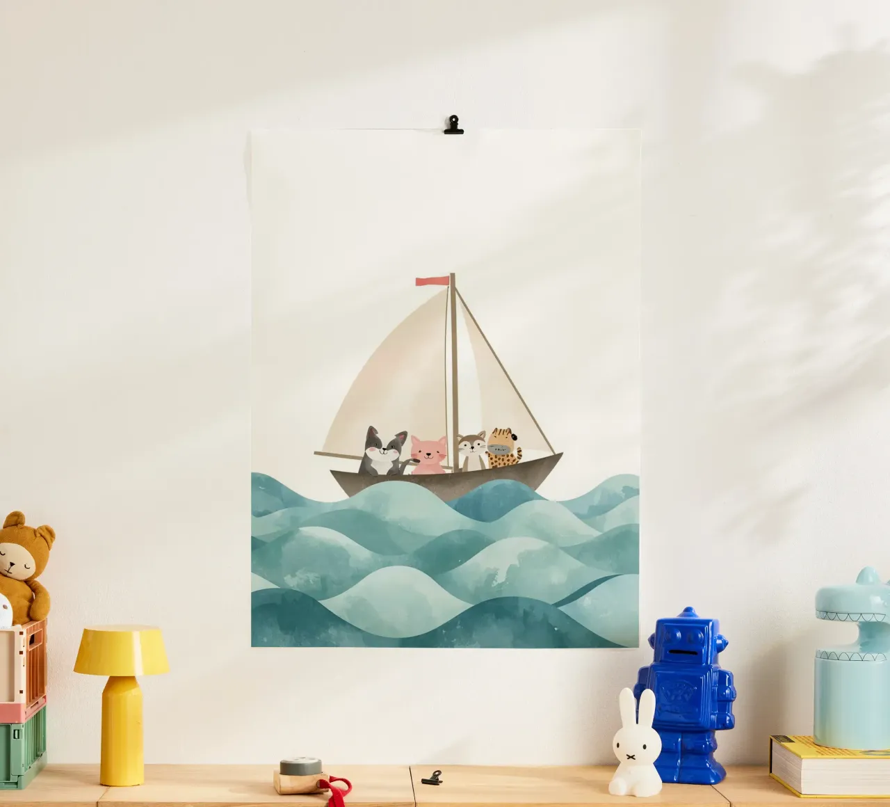 Cute Nursery Cartoon Animals Sailing on Boat poster con telaio in plastica da DesignDoodle