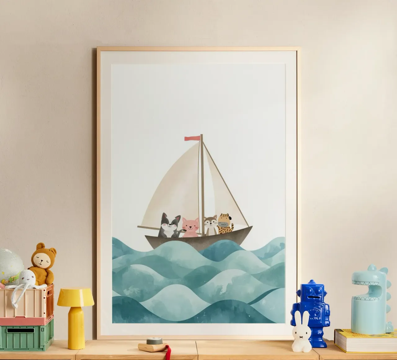 Cute Nursery Cartoon Animals Sailing on Boat poster con telaio in plastica da DesignDoodle