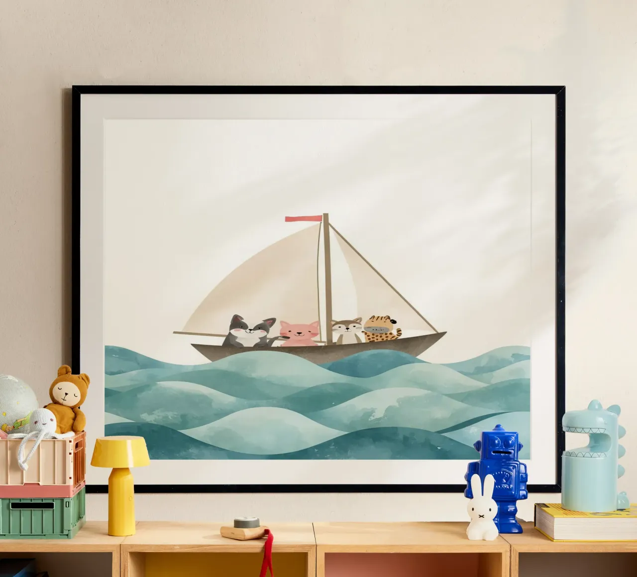 Cute Nursery Cartoon Animals Sailing on Boat poster con telaio in plastica da DesignDoodle