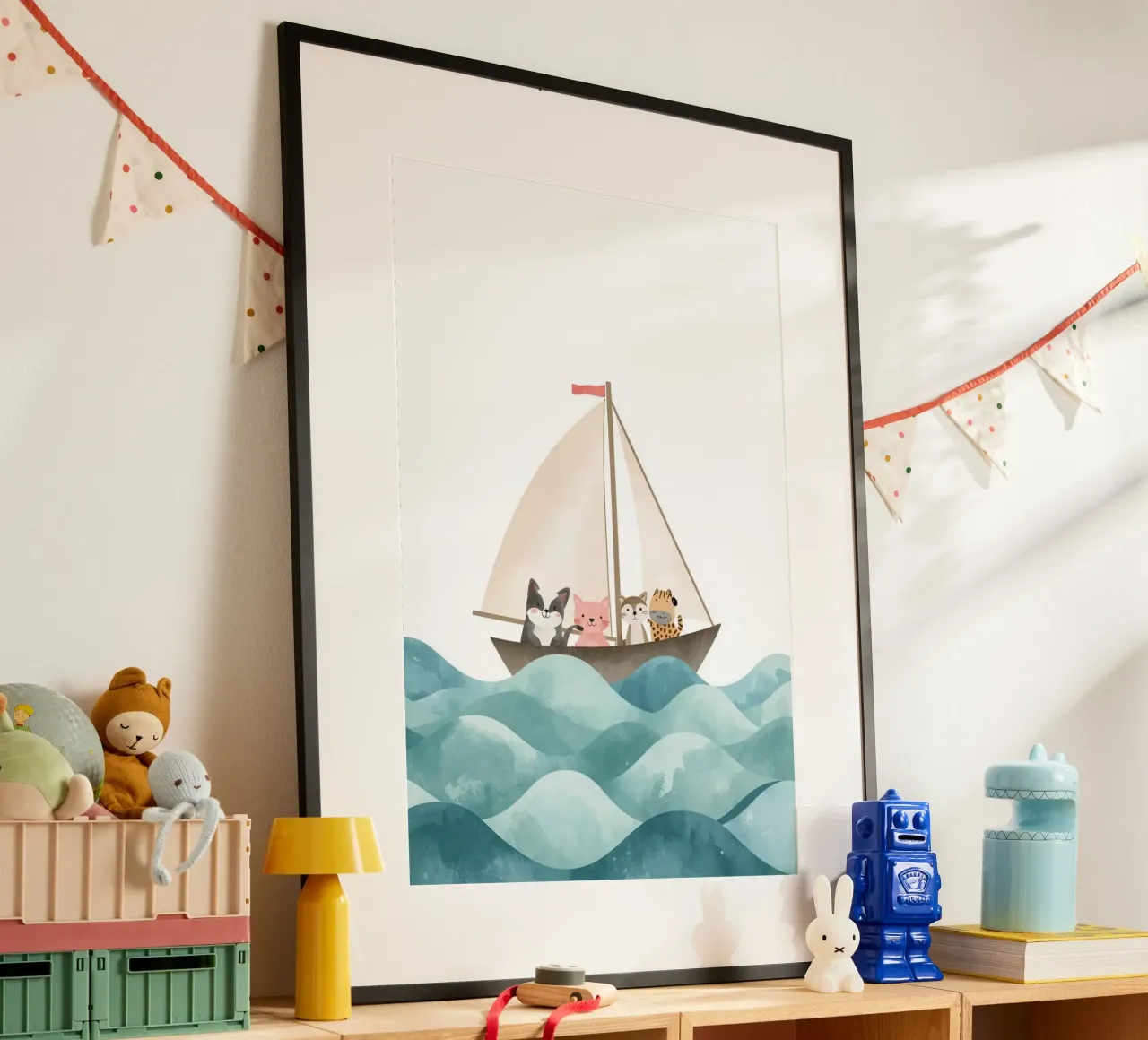 Cute Nursery Cartoon Animals Sailing on Boat poster con telaio in plastica da DesignDoodle