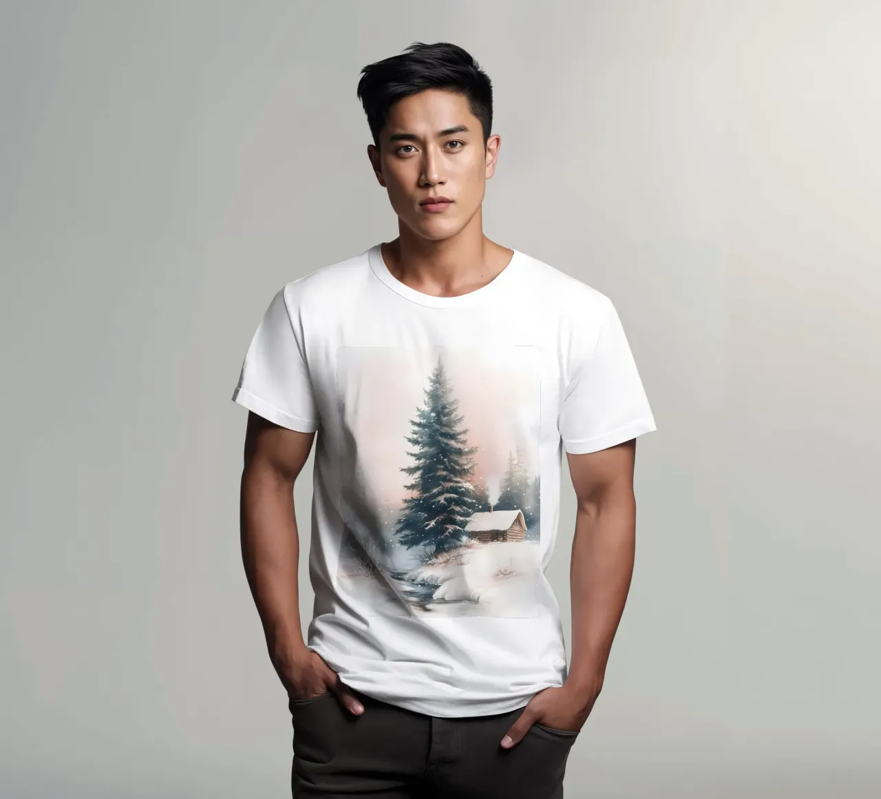 Romantico rifugio invernale in una foresta innevata con ruscello t-shirt da Studio Vibe