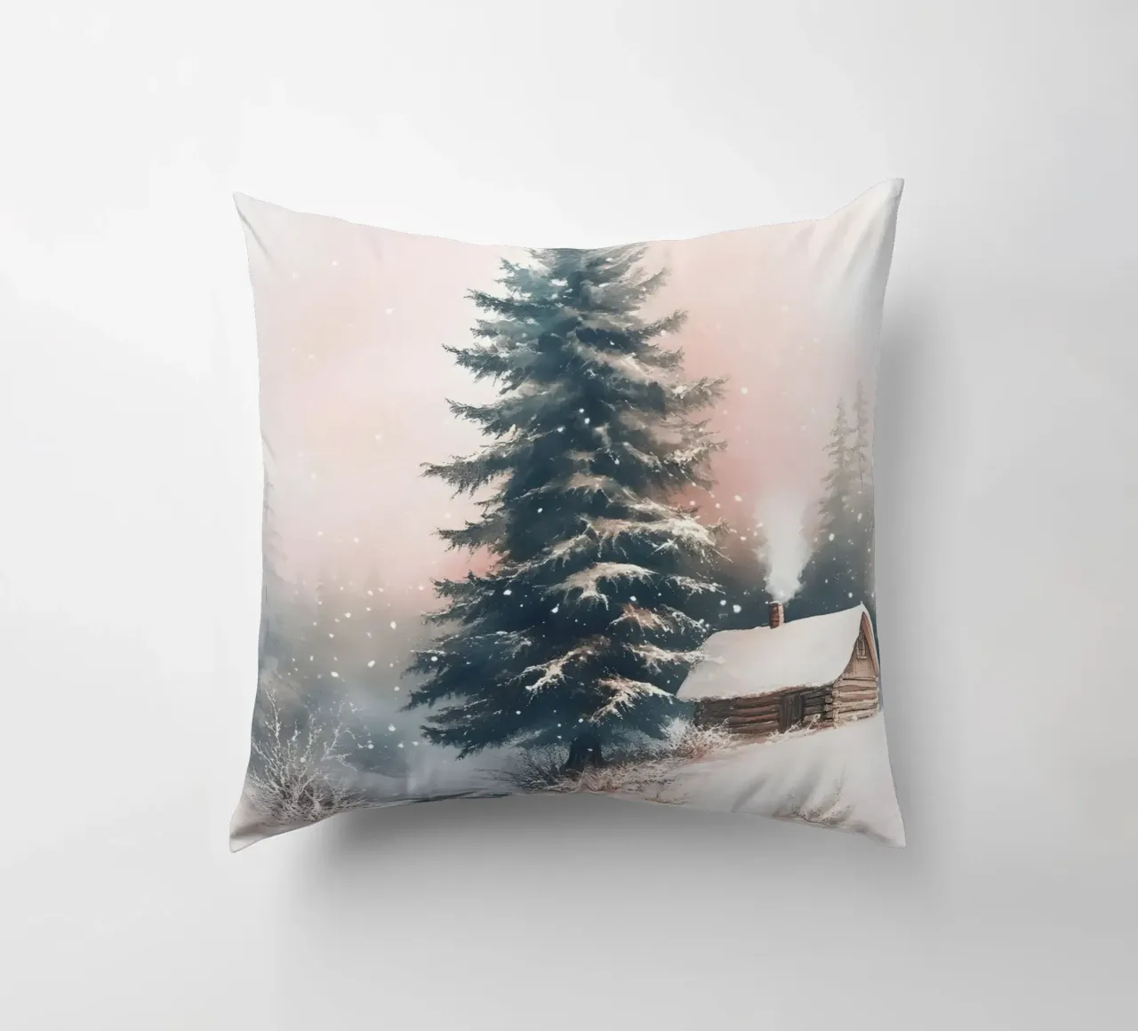 Romantico rifugio invernale in una foresta innevata con ruscello cuscino da Studio Vibe