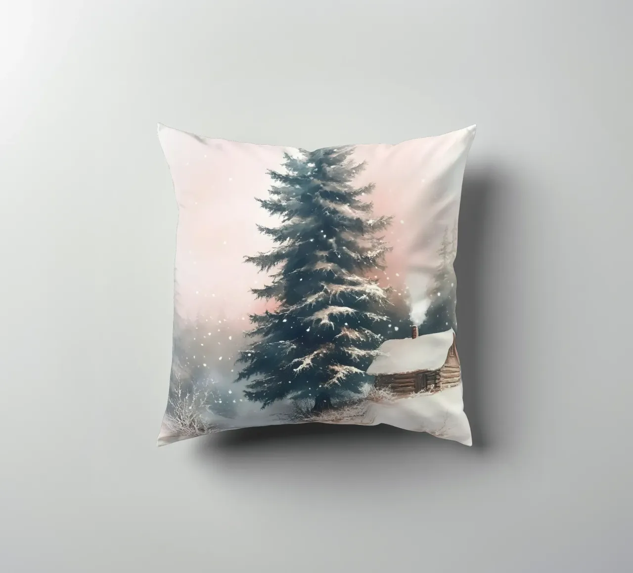 Romantico rifugio invernale in una foresta innevata con ruscello cuscino da Studio Vibe