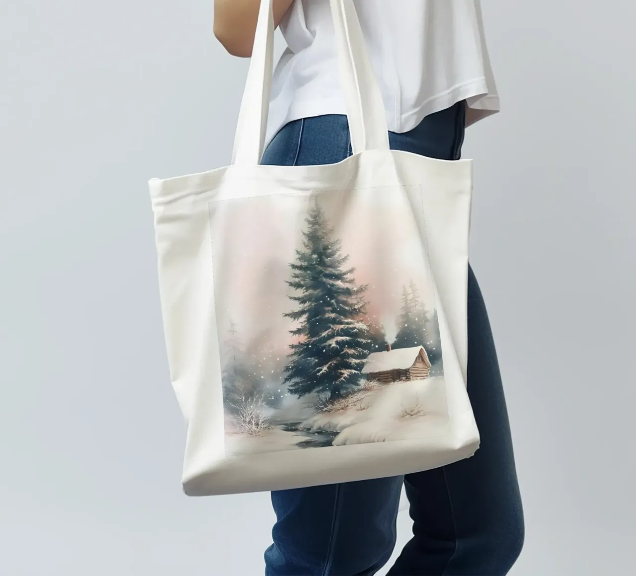 Romantico rifugio invernale in una foresta innevata con ruscello borsa in juta da Studio Vibe