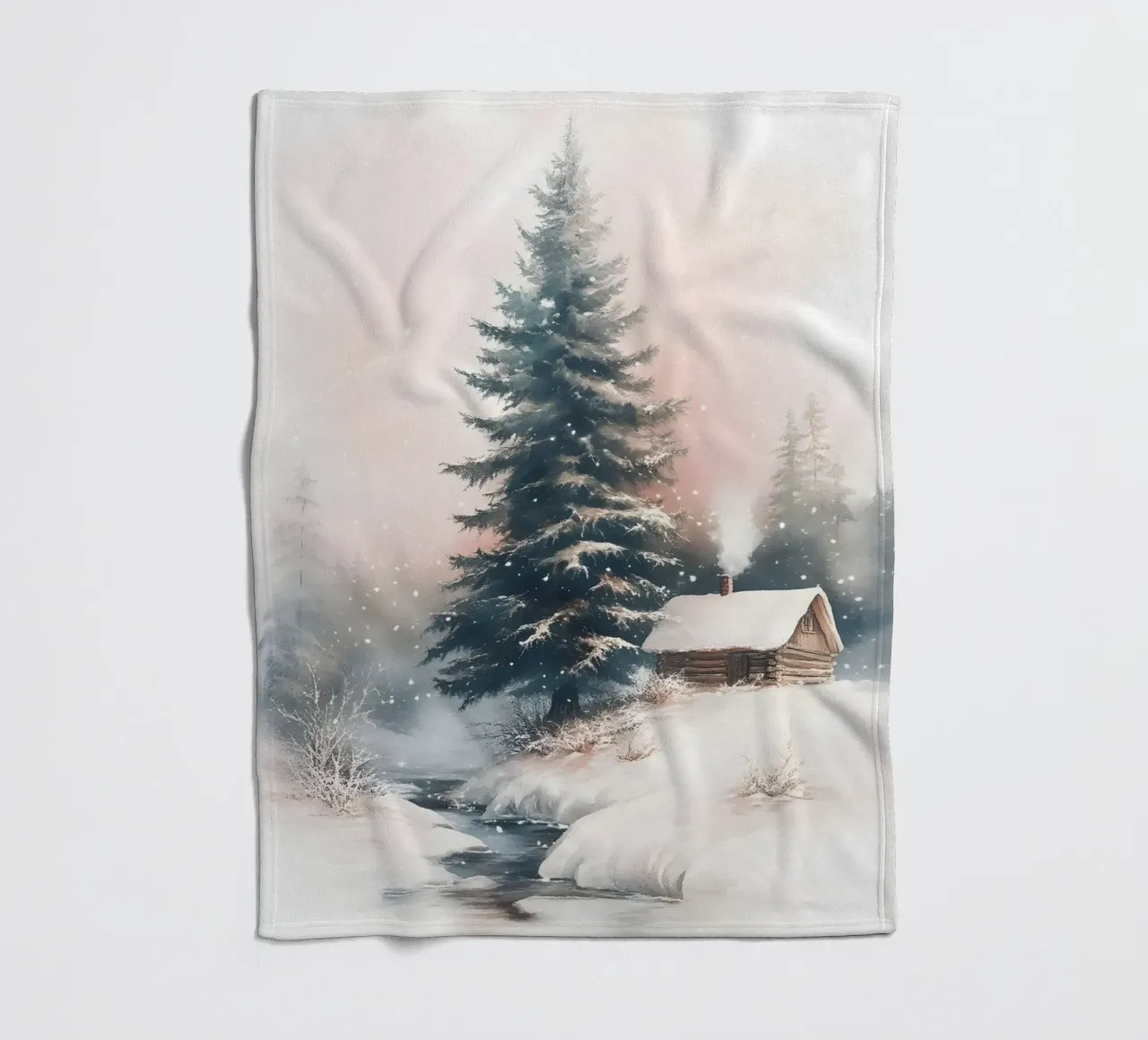 Romantico rifugio invernale in una foresta innevata con ruscello coperta in pile da Studio Vibe