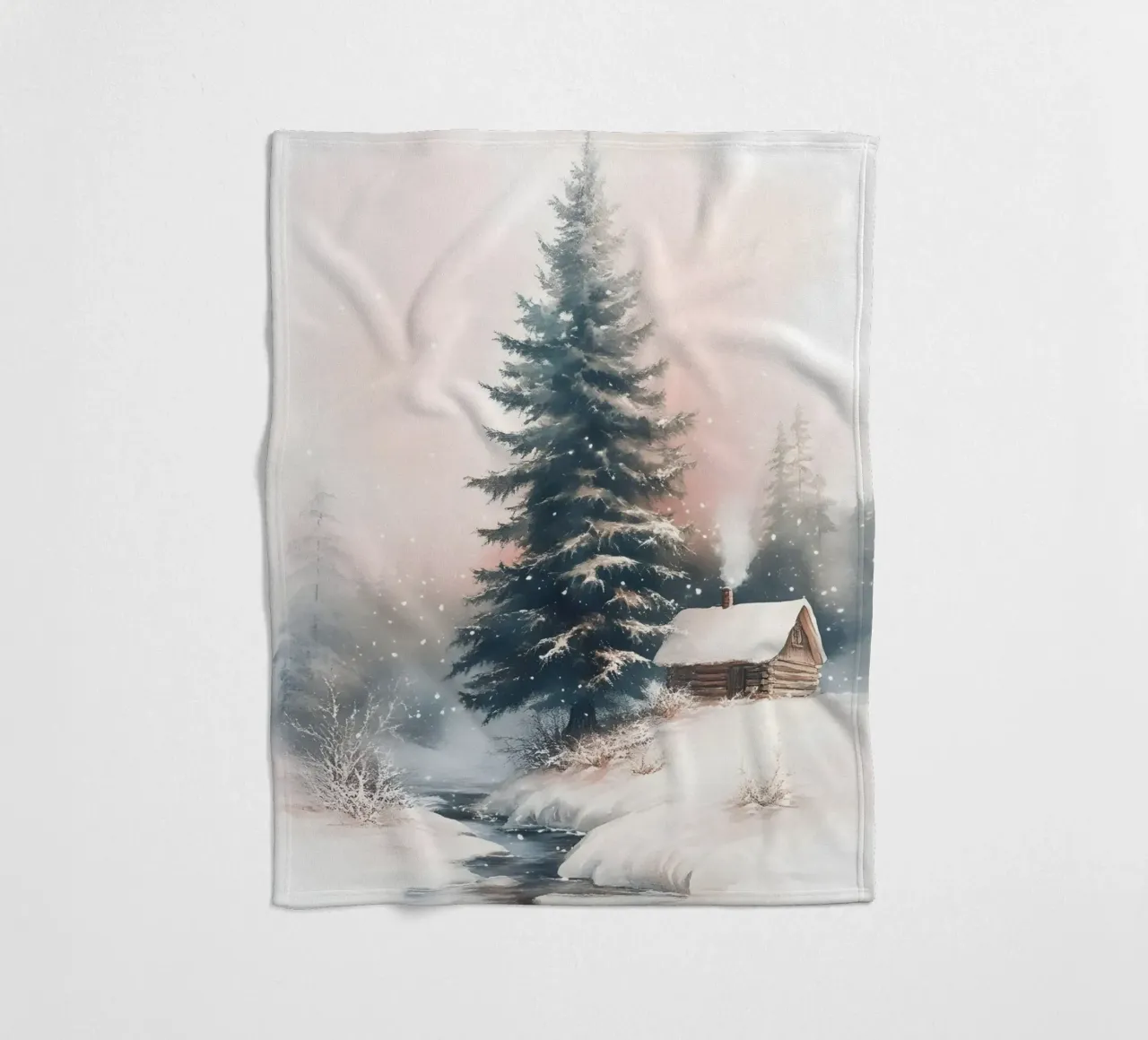 Romantico rifugio invernale in una foresta innevata con ruscello coperta in pile da Studio Vibe