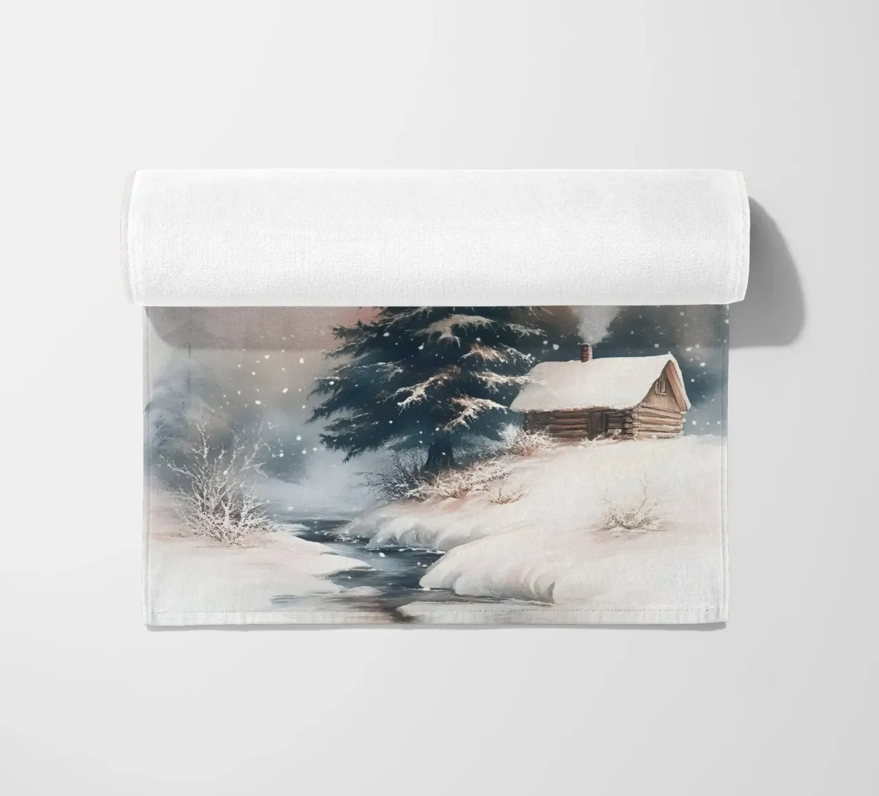 Romantico rifugio invernale in una foresta innevata con ruscello telo mare da Studio Vibe