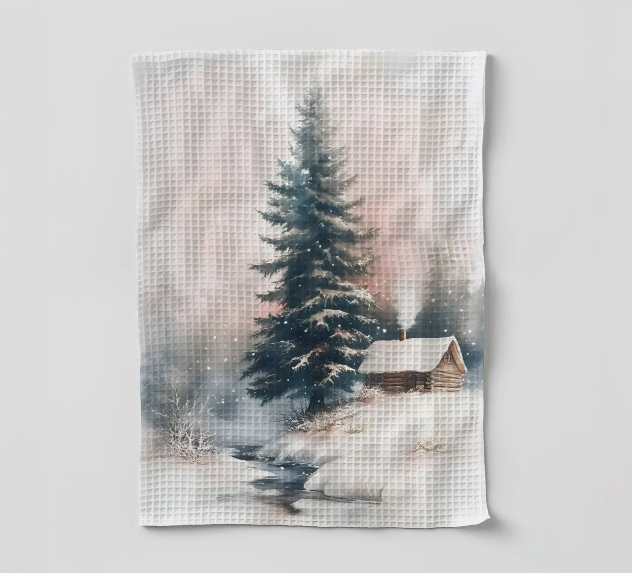 Romantico rifugio invernale in una foresta innevata con ruscello canovaccio da cucina da Studio Vibe