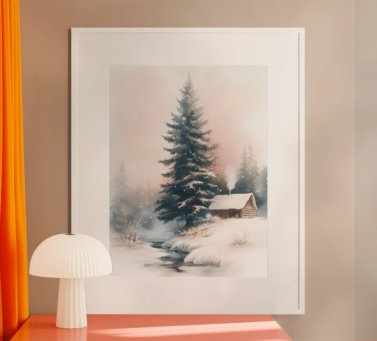 Romantico rifugio invernale in una foresta innevata con ruscello poster da Studio Vibe
