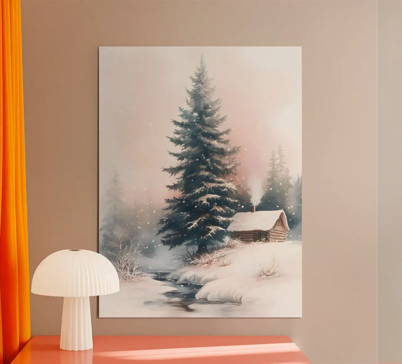 Romantico rifugio invernale in una foresta innevata con ruscello poster da Studio Vibe