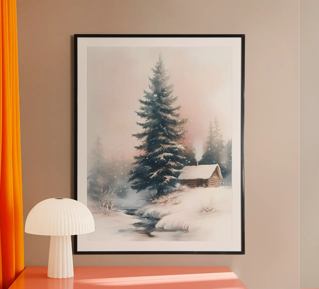 Romantico rifugio invernale in una foresta innevata con ruscello poster da Studio Vibe
