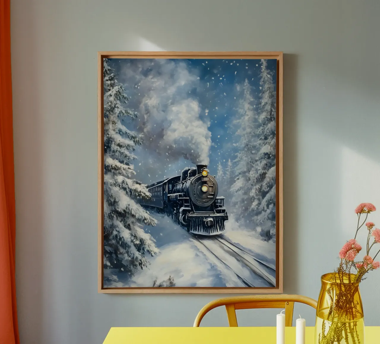 Winter Dampflok – Nostalgische Eisenbahn Kunst Leinwand mit Schattenfugenrahmen von Studio Vibe
