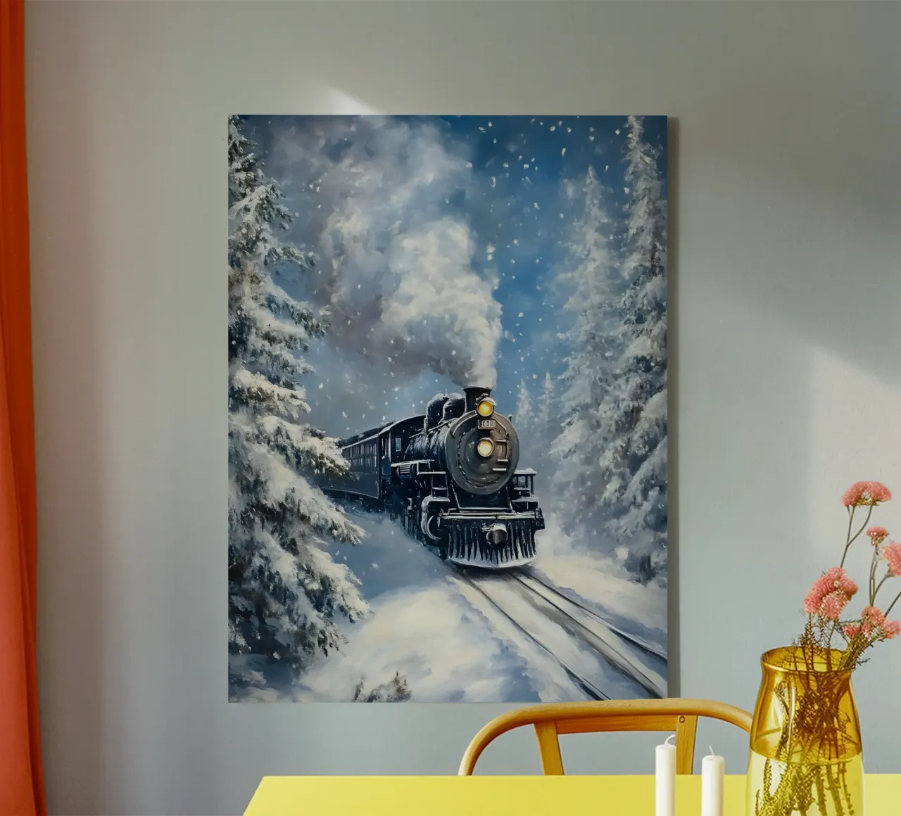 Winter Dampflok – Nostalgische Eisenbahn Kunst Leinwand mit Schattenfugenrahmen von Studio Vibe