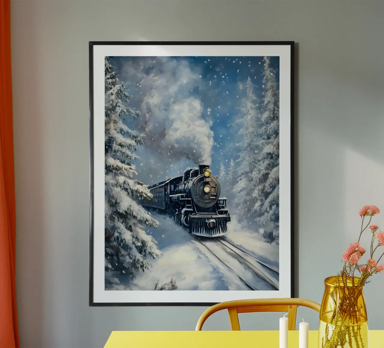 Winter Dampflok – Nostalgische Eisenbahn Kunst Poster von Studio Vibe