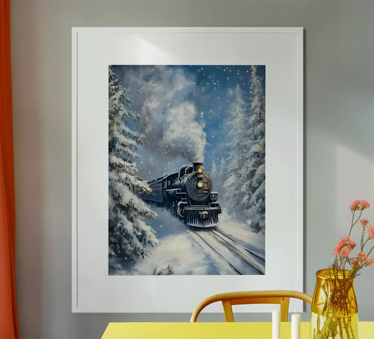 Winter Dampflok – Nostalgische Eisenbahn Kunst Poster von Studio Vibe