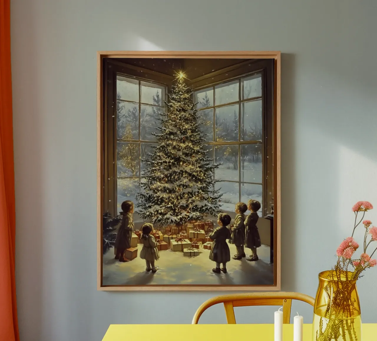 Nostalgic Christmas children on the tree - winter art canvas with Floater frame by Studio Vibe