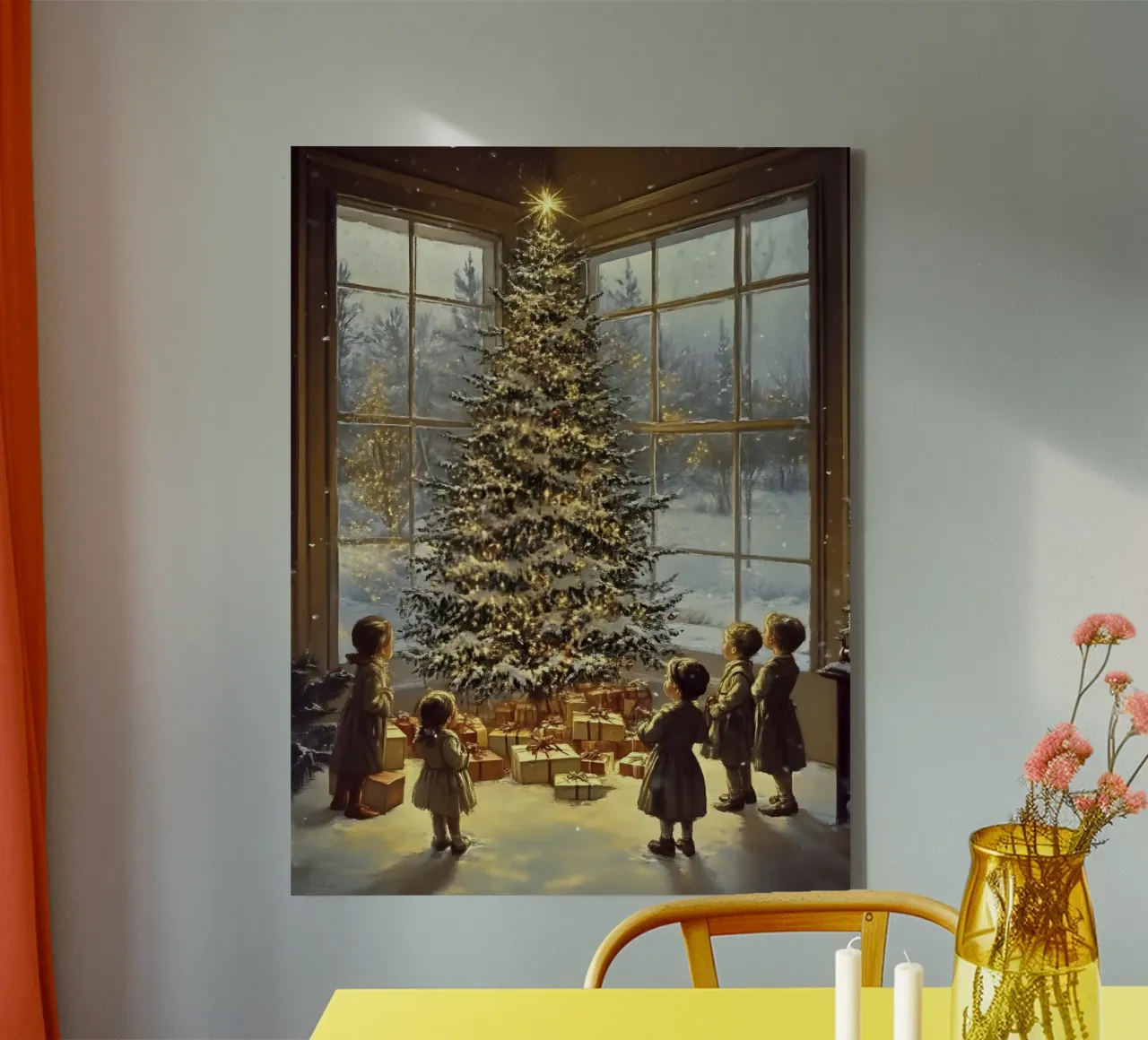 Nostalgic Christmas children on the tree - winter art canvas with Floater frame by Studio Vibe