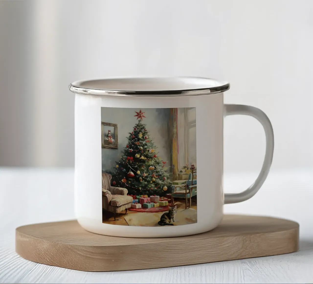 Albero di Natale vintage con gatto - Quadro nostalgico tazza in smalto da Studio Vibe