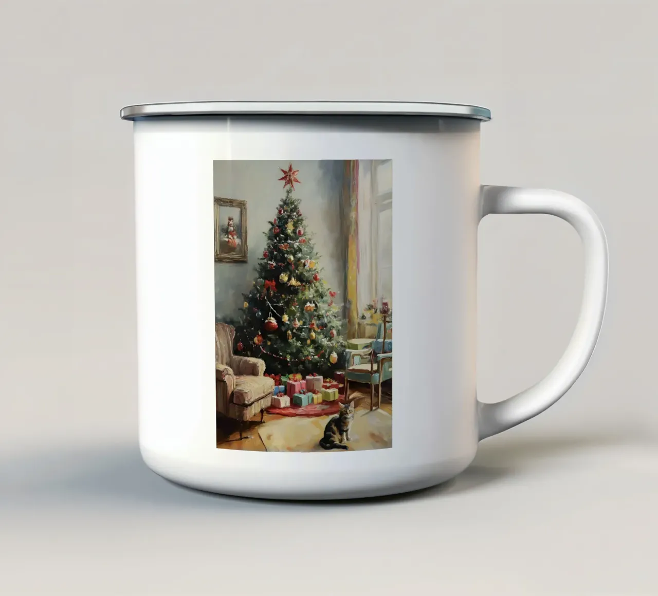 Albero di Natale vintage con gatto - Quadro nostalgico tazza in smalto da Studio Vibe