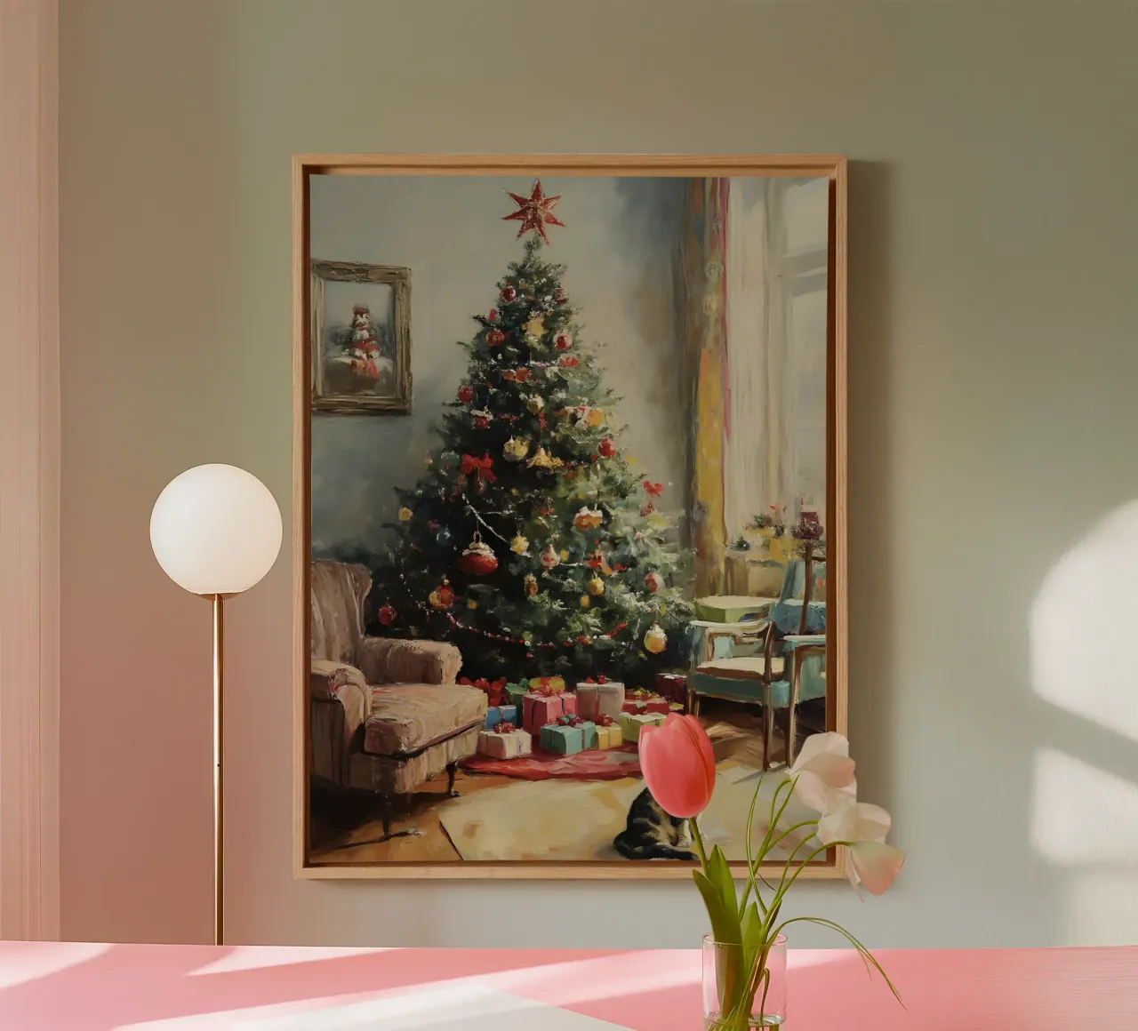 Vintage Christmas tree with cat - Nostalgic painting canvas with Floater frame by Studio Vibe
