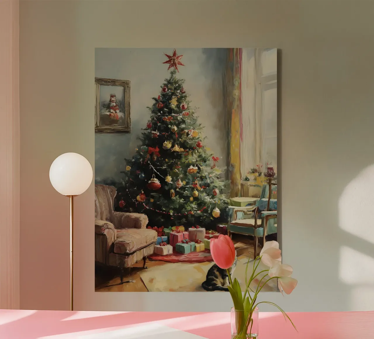 Vintage Christmas tree with cat - Nostalgic painting canvas with Floater frame by Studio Vibe