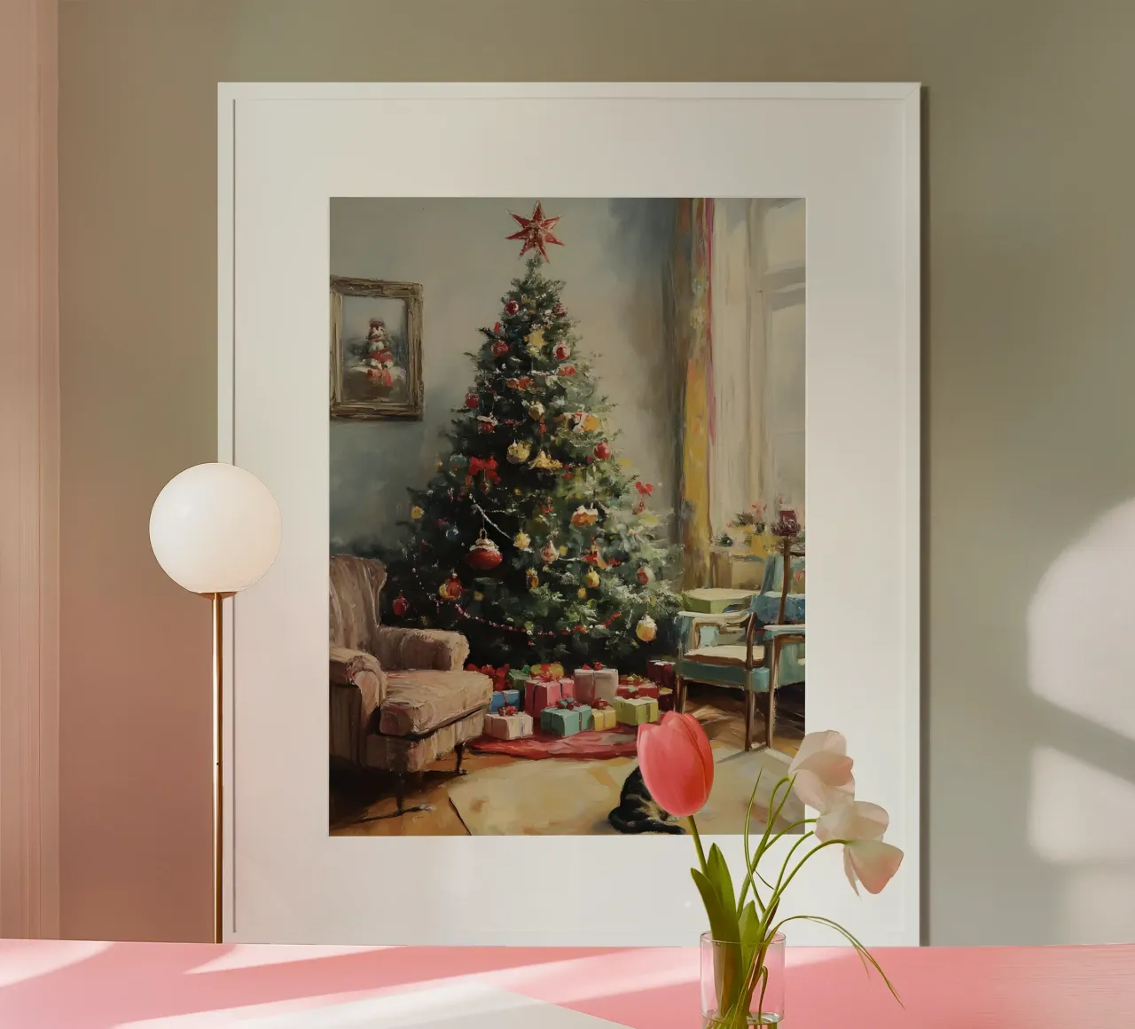 Albero di Natale vintage con gatto - Quadro nostalgico poster da Studio Vibe