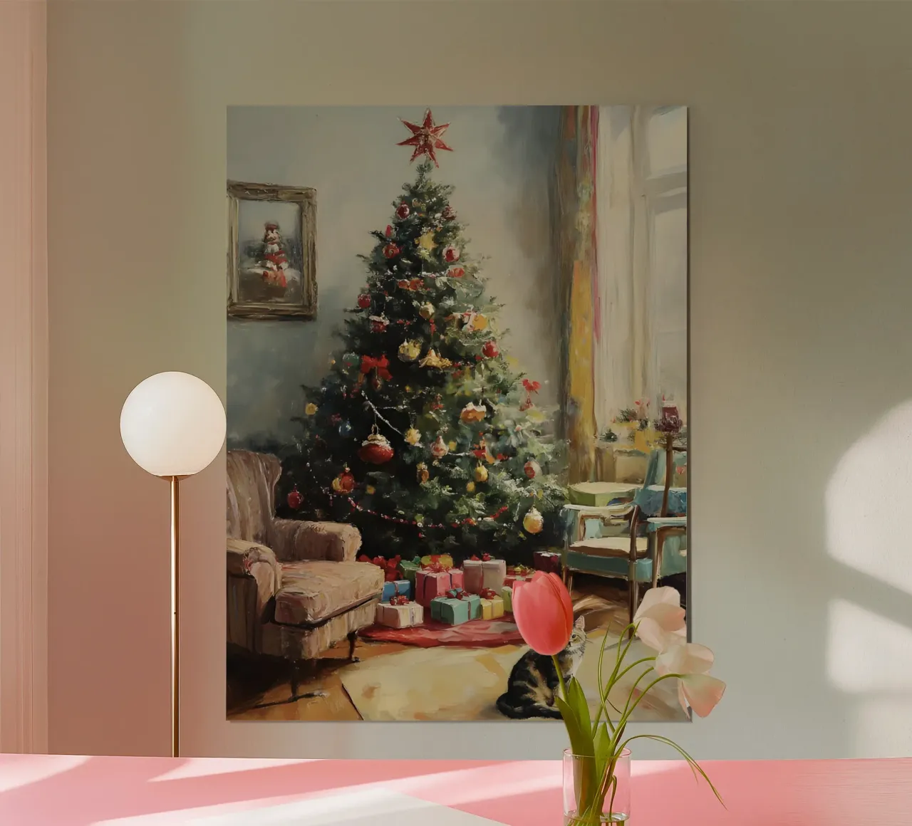 Albero di Natale vintage con gatto - Quadro nostalgico poster da Studio Vibe