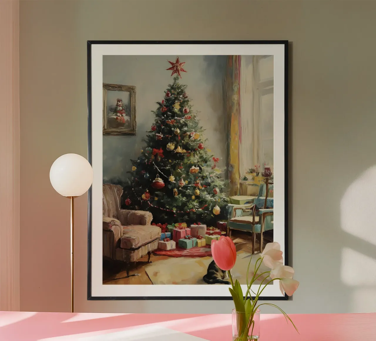 Albero di Natale vintage con gatto - Quadro nostalgico poster da Studio Vibe