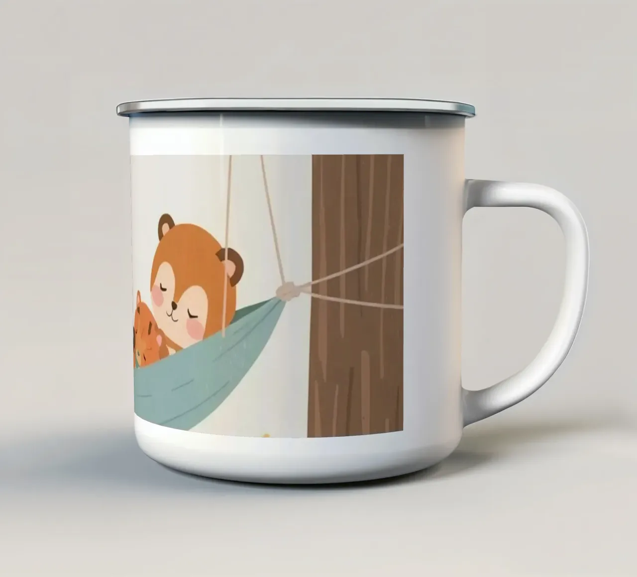 Nursery Cartoon Animals Sleeping in Hammock Between Trees (Animaux dormant dans un hamac entre des arbres) mug en émail de DesignDoodle