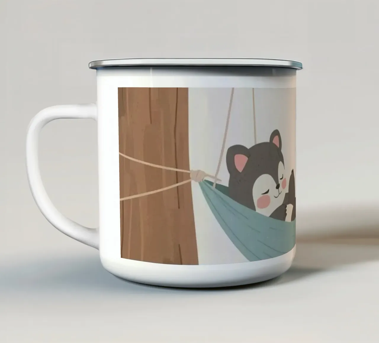 Nursery Cartoon Animals Sleeping in Hammock Between Trees (Animaux dormant dans un hamac entre des arbres) mug en émail de DesignDoodle