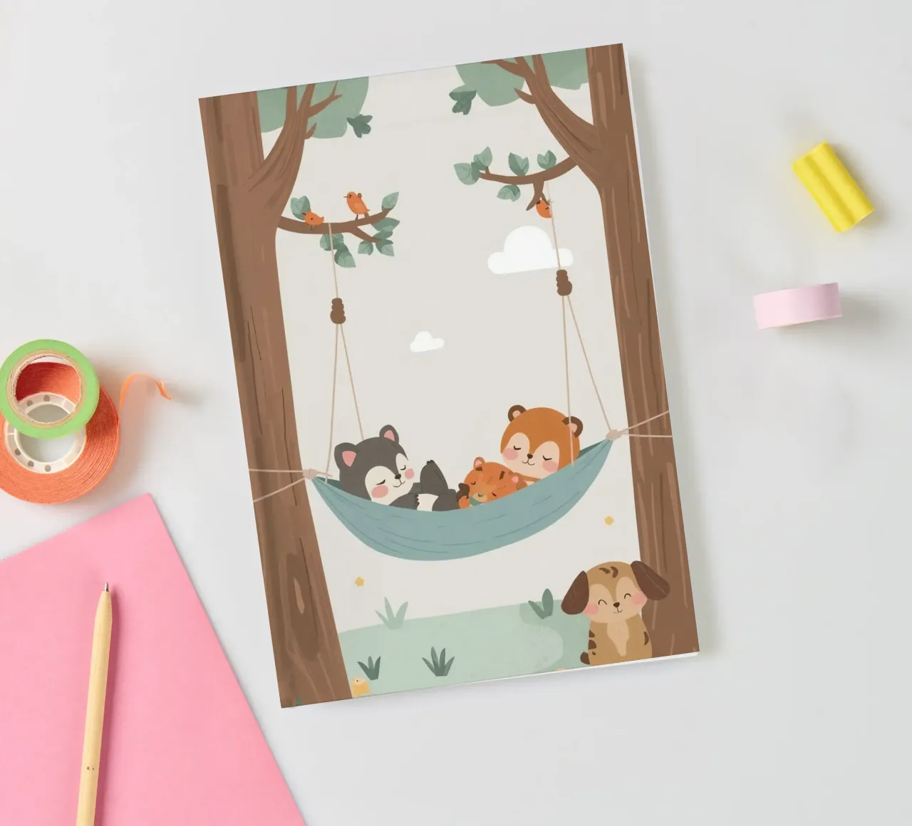 Nursery Cartoon Animals Sleeping in Hammock Between Trees (Animaux dormant dans un hamac entre des arbres) carnet de notes de DesignDoodle