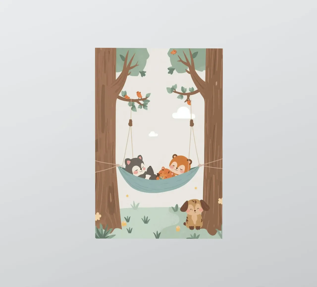 Nursery Cartoon Animals Sleeping in Hammock Between Trees (Animaux dormant dans un hamac entre des arbres) autocollant de DesignDoodle