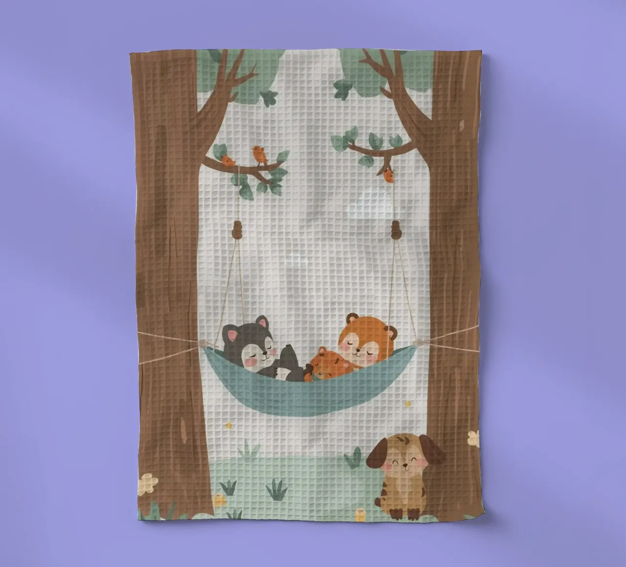 Nursery Cartoon Animals Sleeping in Hammock Between Trees (Animaux dormant dans un hamac entre des arbres) torchon de DesignDoodle