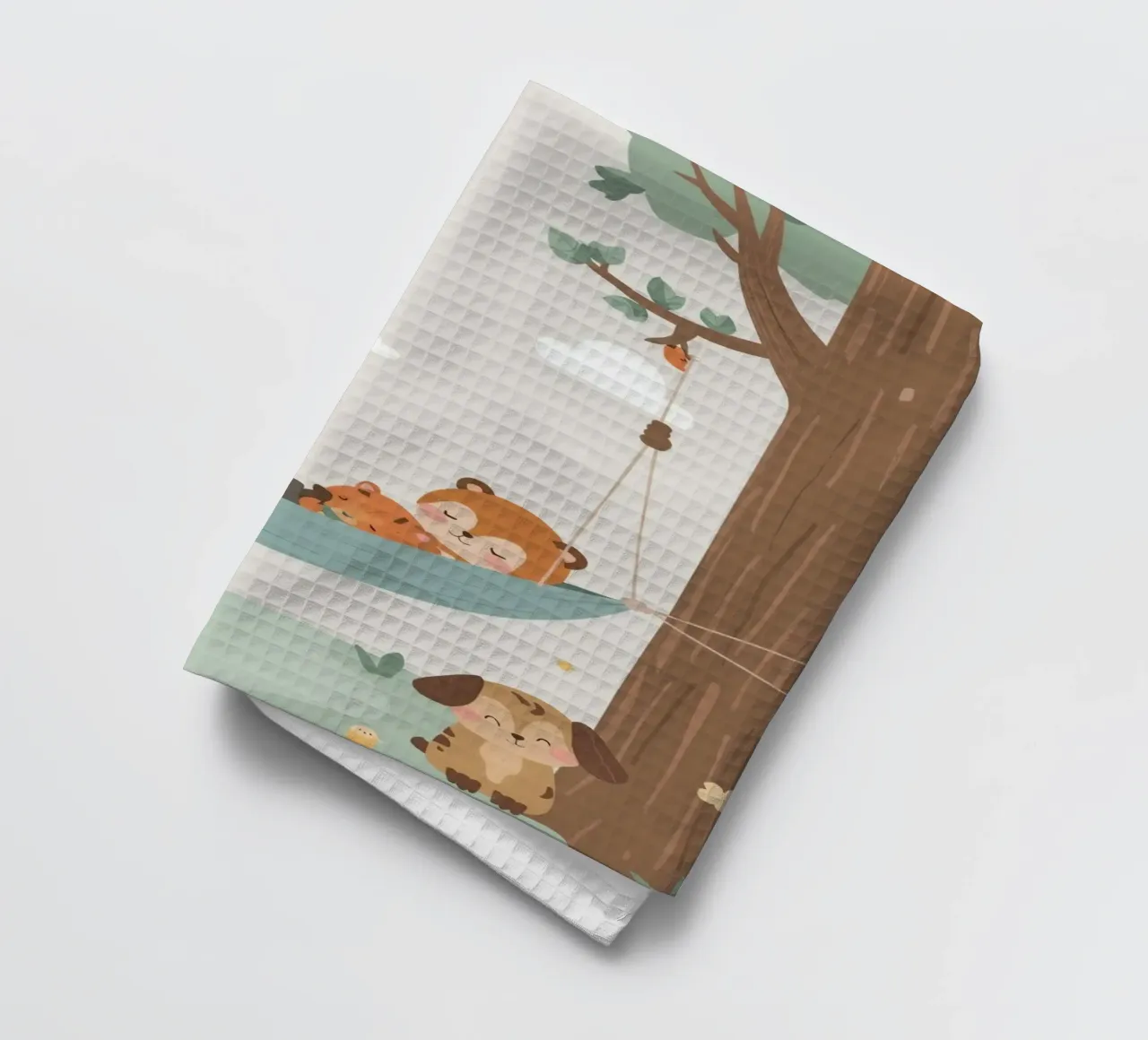 Nursery Cartoon Animals Sleeping in Hammock Between Trees (Animaux dormant dans un hamac entre des arbres) torchon de DesignDoodle
