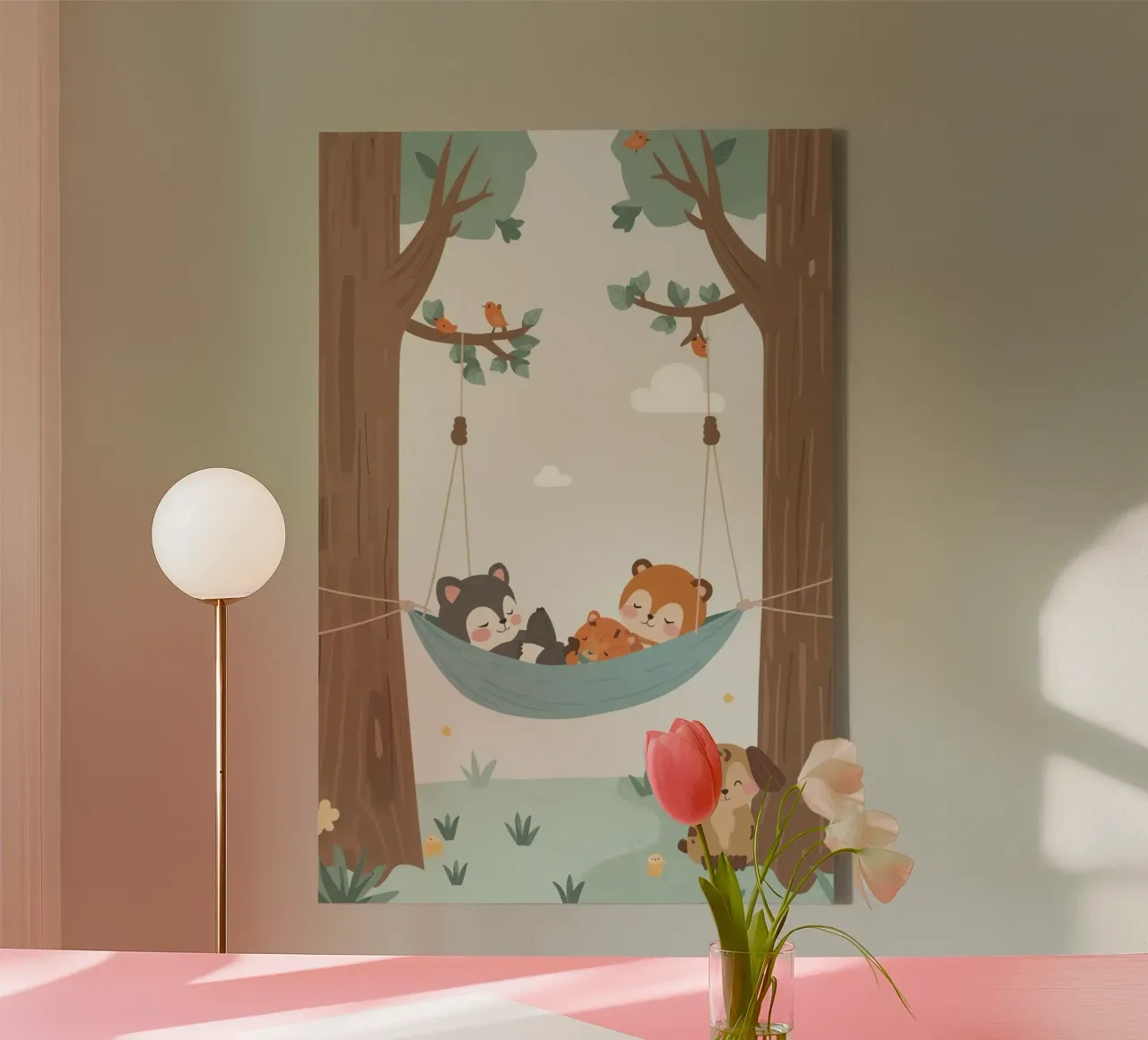 Vivero Dibujos animados Animales durmiendo en hamaca entre los árboles lienzo con Marco flotante de DesignDoodle