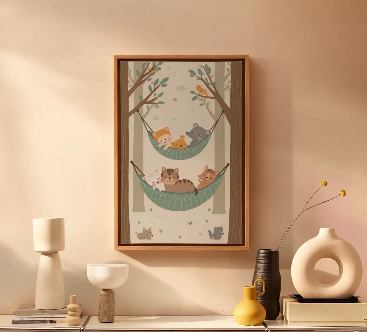 Dibujos animados de animales durmiendo en hamacas entre los árboles lienzo con Marco flotante de DesignDoodle