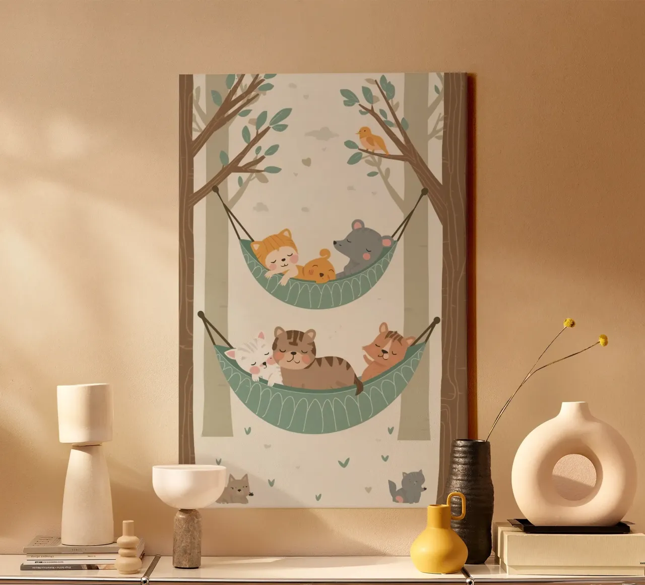 Dibujos animados de animales durmiendo en hamacas entre los árboles lienzo con Marco flotante de DesignDoodle