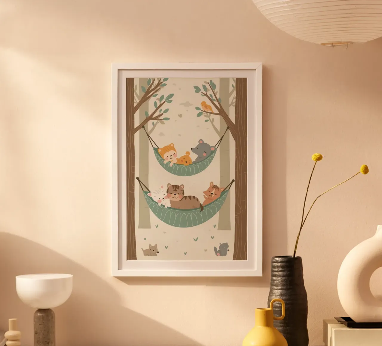 Animali dei cartoni animati che dormono in amache tra gli alberi poster da DesignDoodle