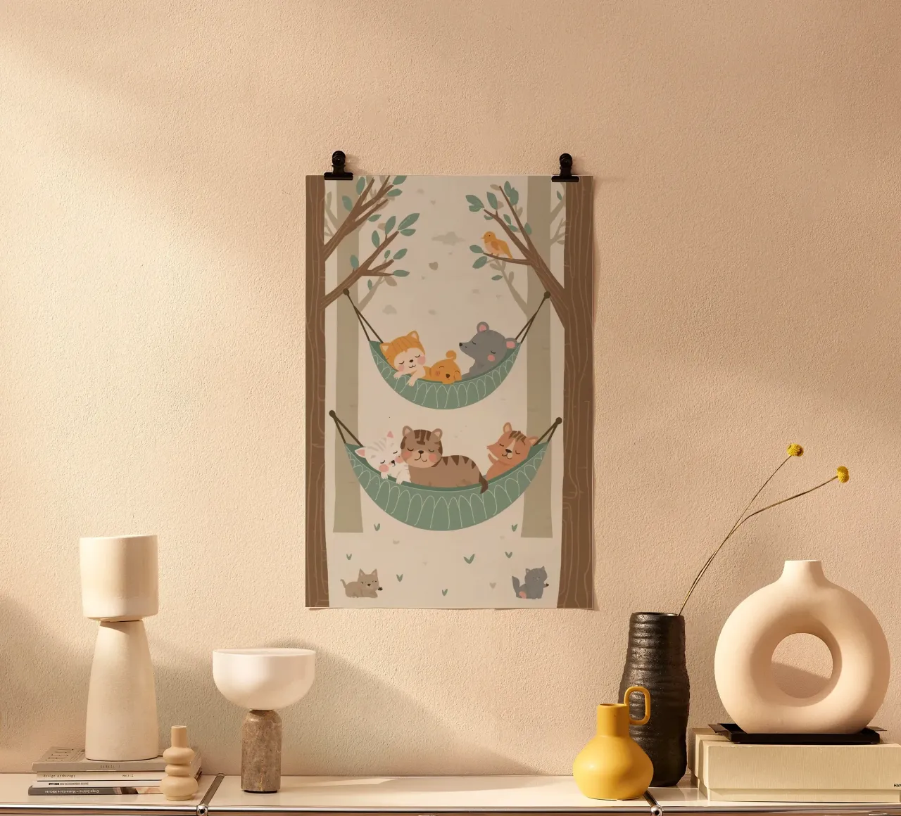 Animali dei cartoni animati che dormono in amache tra gli alberi poster da DesignDoodle