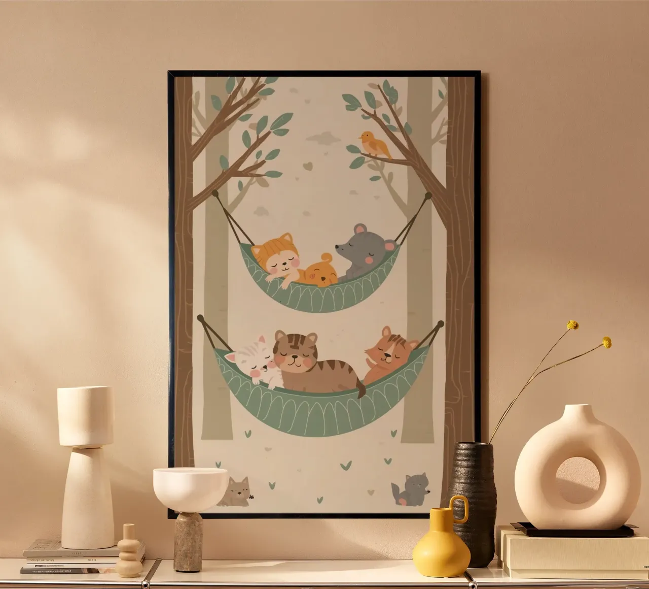 Animali dei cartoni animati che dormono in amache tra gli alberi poster da DesignDoodle