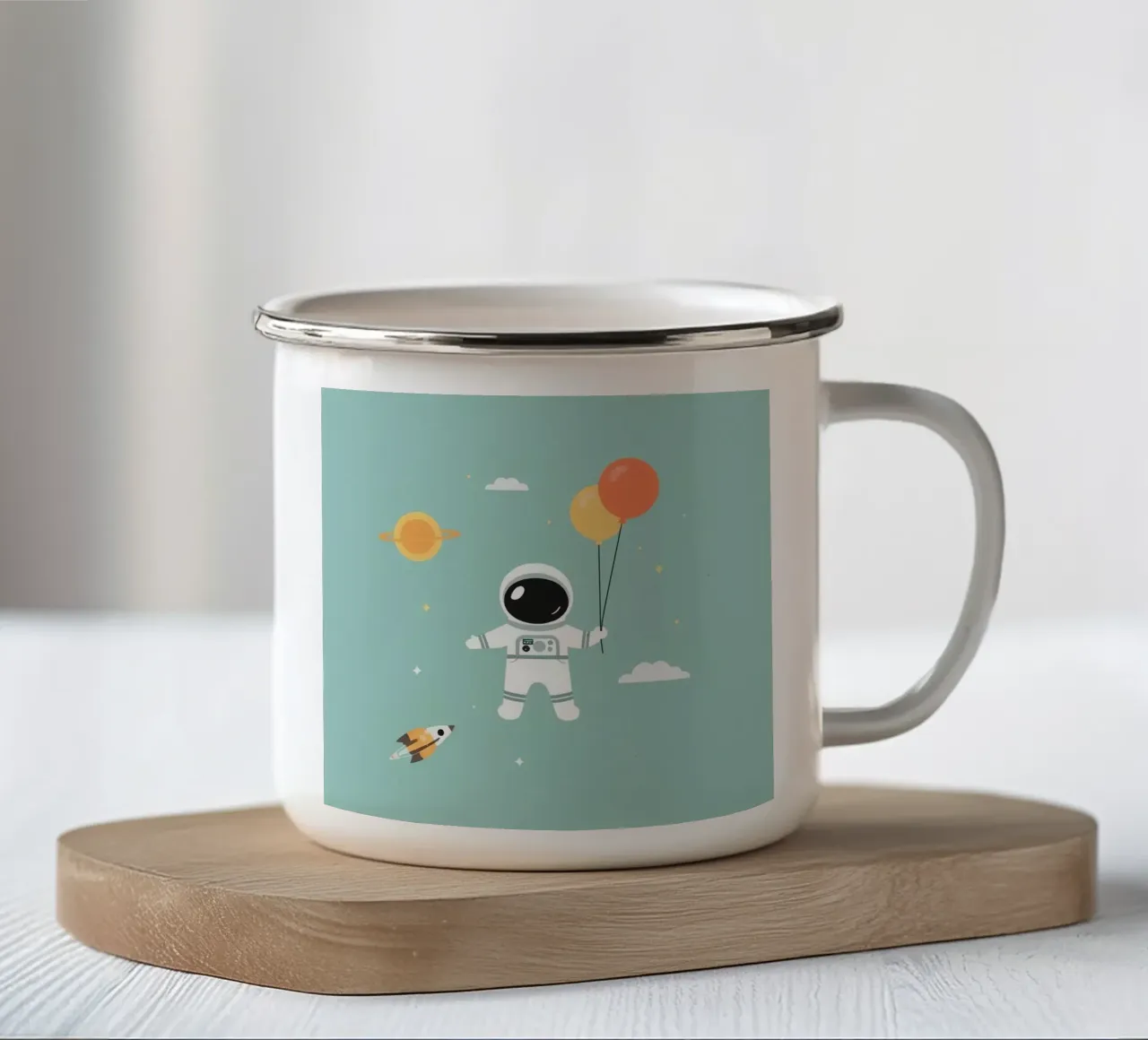 Cartone animato Astronauta con palloncini nello spazio tazza in smalto da DesignDoodle