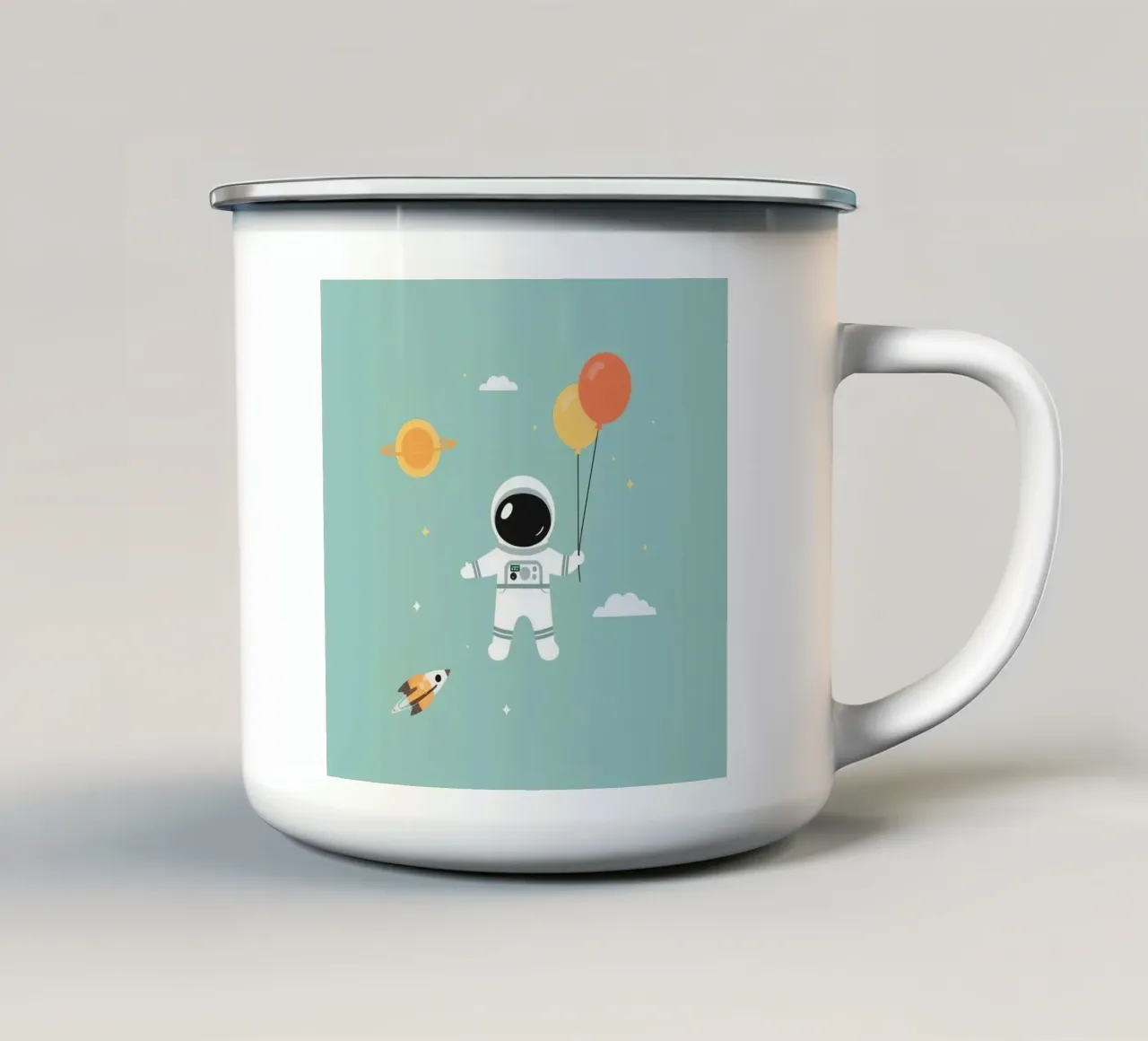 Cartone animato Astronauta con palloncini nello spazio tazza in smalto da DesignDoodle