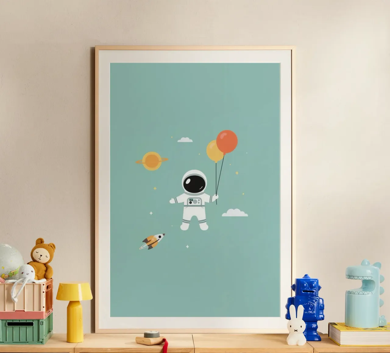 Cartone animato Astronauta con palloncini nello spazio poster con telaio in legno da DesignDoodle