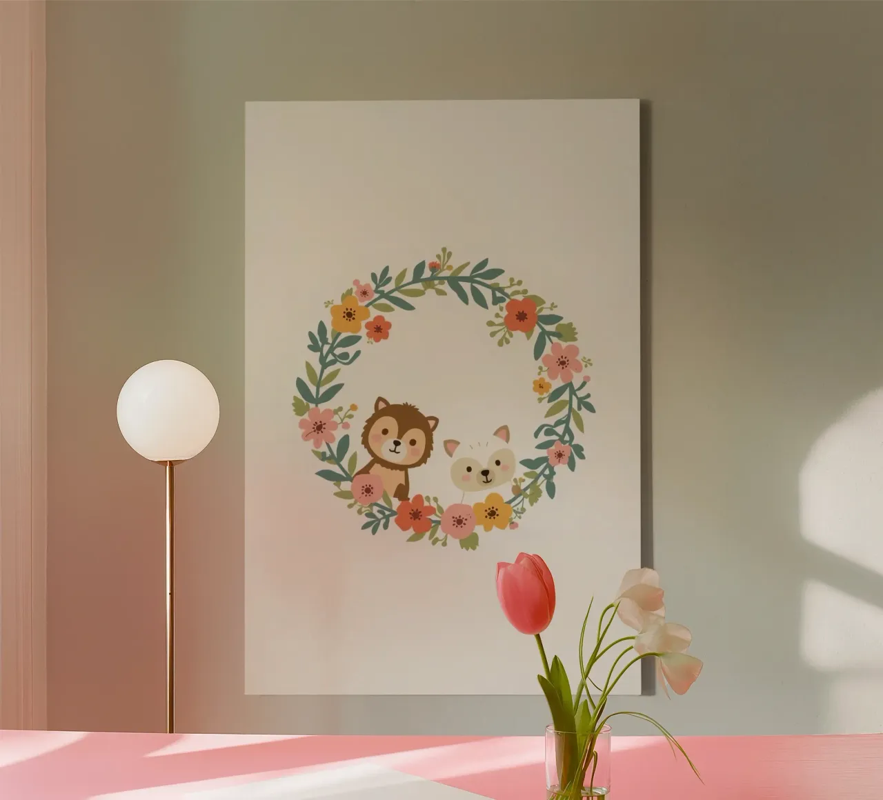 Orsetto e volpe in una ghirlanda floreale tela con Cornice a cassetta da DesignDoodle